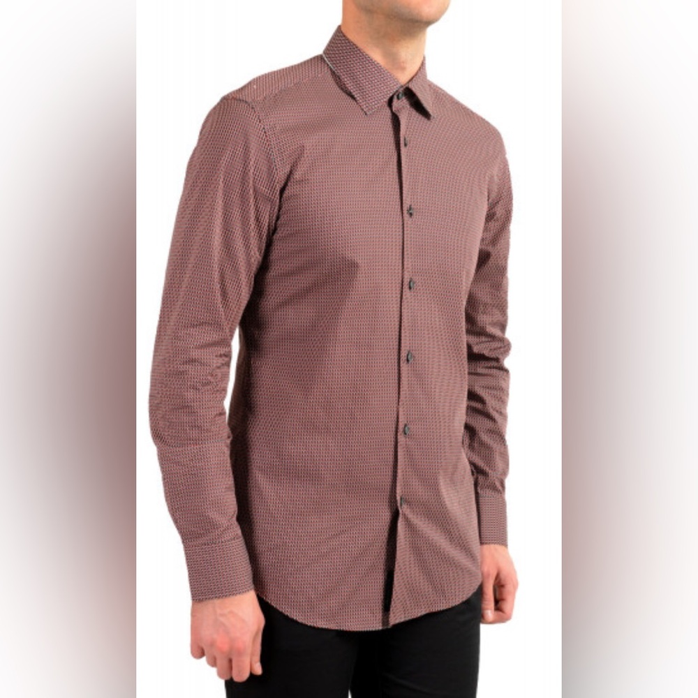 HUGO BOSS Burgundy/Grey Houndstooth Print Jenno Slim Fit Shirt, Size 15 1/2"